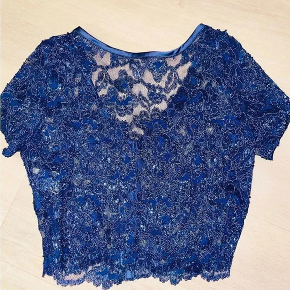 VINTAGE ROBERTA EINER ROYAL BLUE SHEER SPARKLING LACE CROP WITH BUTTONS SIZE M - Picture 14 of 16